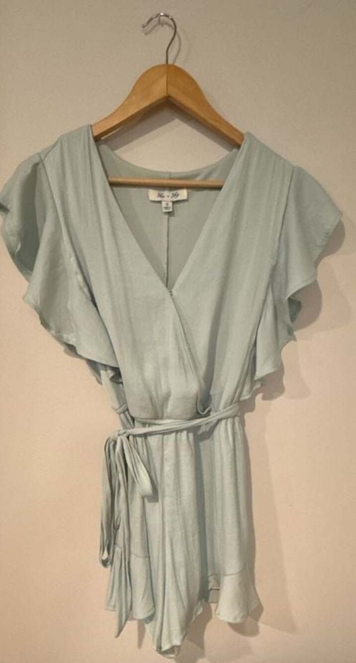 She + Sky Light Blue Flutter Sleeve Wrap Romper